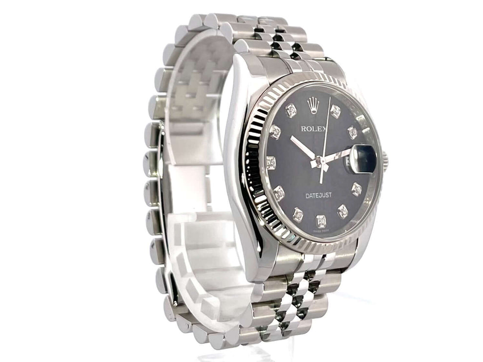 Rolex Datejust 36 Edelstahl Weißgold Ref. 116234 mit schwarzem Zifferblatt und Diamanten, Jubileband aus Edelstahl
