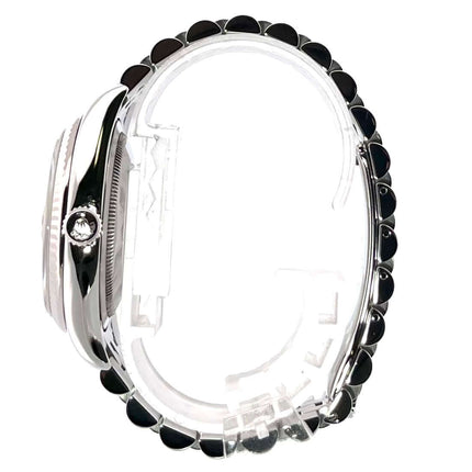 Seitenansicht Rolex Datejust 36 Edelstahl Weißgold 116234 Schwarz J Diamant mit Jubile-Band.