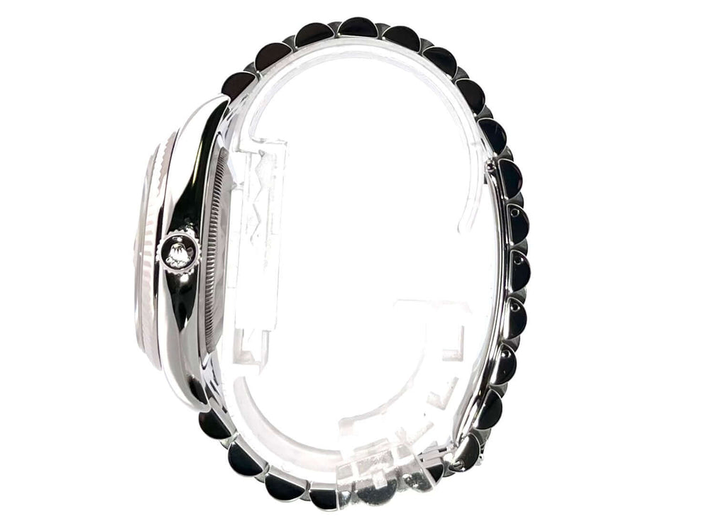 Seitenansicht Rolex Datejust 36 Edelstahl Weißgold 116234 Schwarz J Diamant mit Jubile-Band.