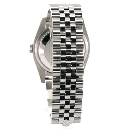 Rückansicht des Rolex Datejust 36 Edelstahl Weißgold 116234 mit poliertem und satiniertem Jubile-Edelstahl Armband.