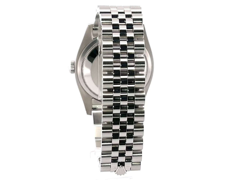 Rückansicht des Rolex Datejust 36 Edelstahl Weißgold 116234 mit poliertem und satiniertem Jubile-Edelstahl Armband.