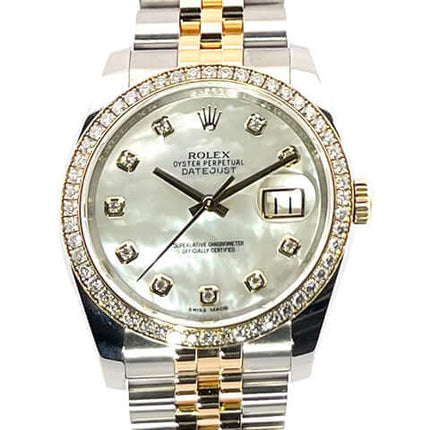Rolex Datejust 36 Edelstahl Gelbgold mit Diamant Lünette, Perlmutt Zifferblatt, Jubile-Band, Ref. 116243.
