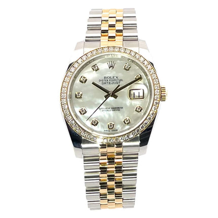 Rolex Datejust 36 Edelstahl Gelbgold Diamant Lünette Ref. 116243 Perlmutt DIA Jubile-Band, Armband und Zifferblatt in Nahaufnahme.