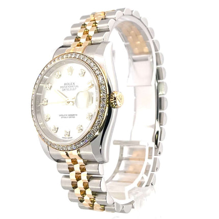 Rolex Datejust 36 Edelstahl Gelbgold, diamantbesetzte Lünette, Perlmut Zifferblatt, Jubilé-Band, Referenz 116243