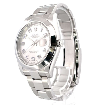 Rolex Datejust II 41 Edelstahl Ref. 116300 mit rhodiumfarbenem Zifferblatt und arabischen Leuchtziffern, poliertes Edelstahlgehäuse und Oysterband.