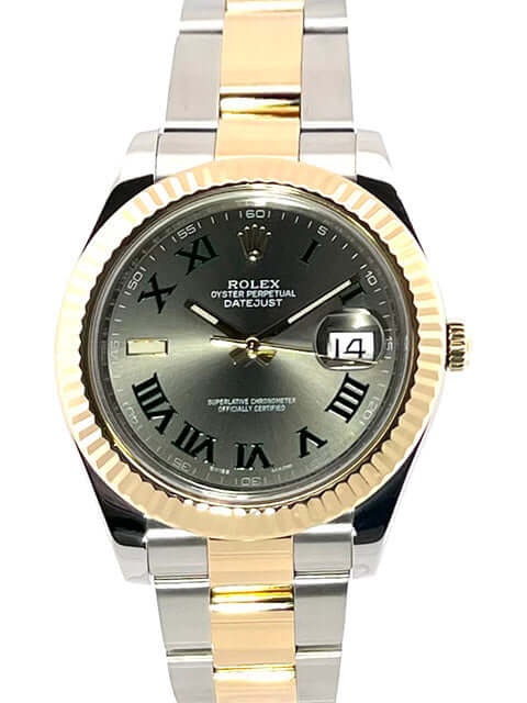 Rolex Datejust II 41 Edelstahl Gelbgold Ref. 116333, graues Zifferblatt, grün/goldene römische Ziffern, Oyster Armband, aus 2015
