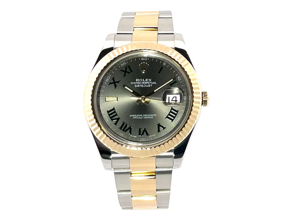 Rolex Datejust II 41 mm Edelstahl-Gelbgold Ref. 116333 mit grauem Zifferblatt und grünen/goldenen römischen Ziffern.