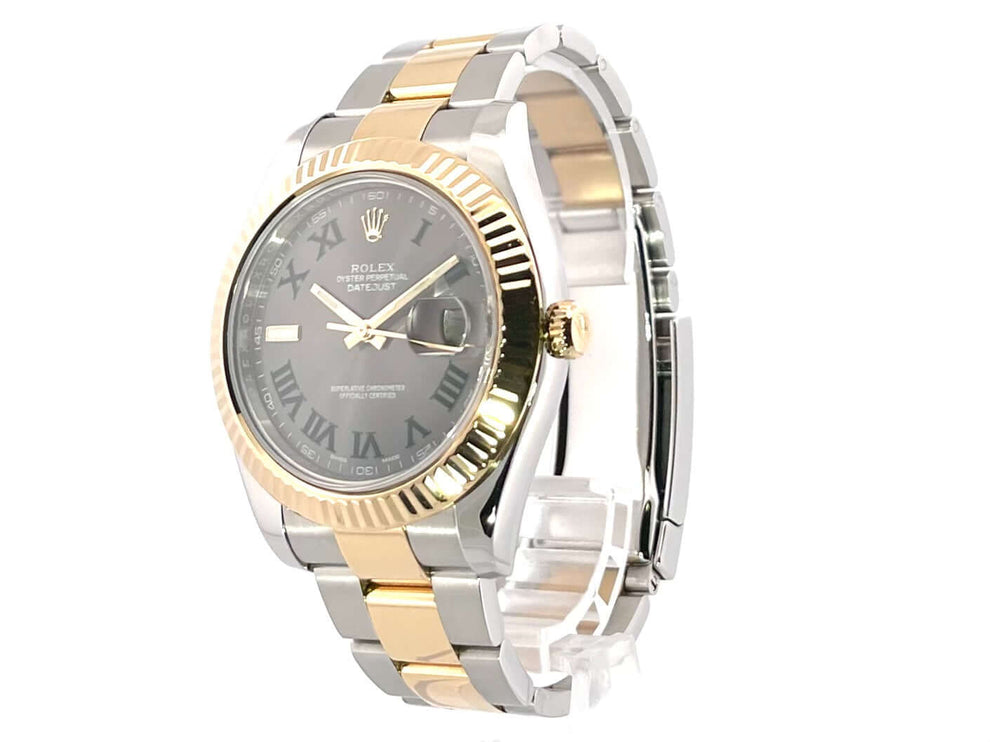 Rolex Datejust II 41mm Edelstahl Gelbgold 116333, graues Zifferblatt, römische Ziffern, Oyster-Armband, 18 kt Gelbgold Lünette.