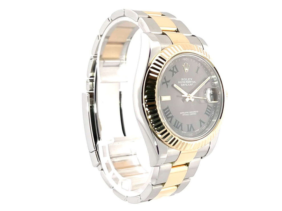 Rolex Datejust II 41 Edelstahl Gelbgold 116333, graues Zifferblatt, römische Ziffern, zweifarbiges Armband, seitliche Ansicht