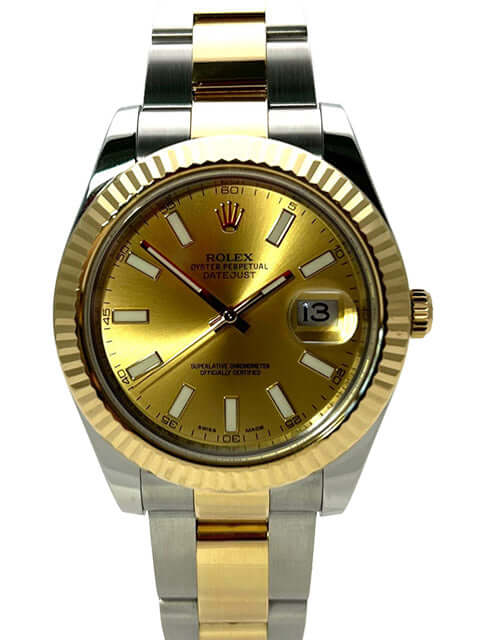 Rolex Datejust II 41 Edelstahl Gelbgold 116333 Champagner mit 18 kt Gelbgold Lünette und champagnerfarbenem Zifferblatt.