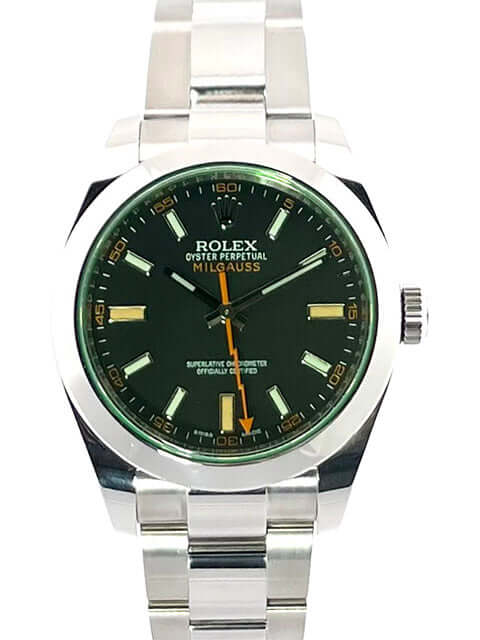 Rolex Oyster Perpetual Milgauss 116400GV, Edelstahl Gehäuse und Band, schwarzes Zifferblatt, orangefarbene Blitzsekunde, 40 mm Durchmesser.
