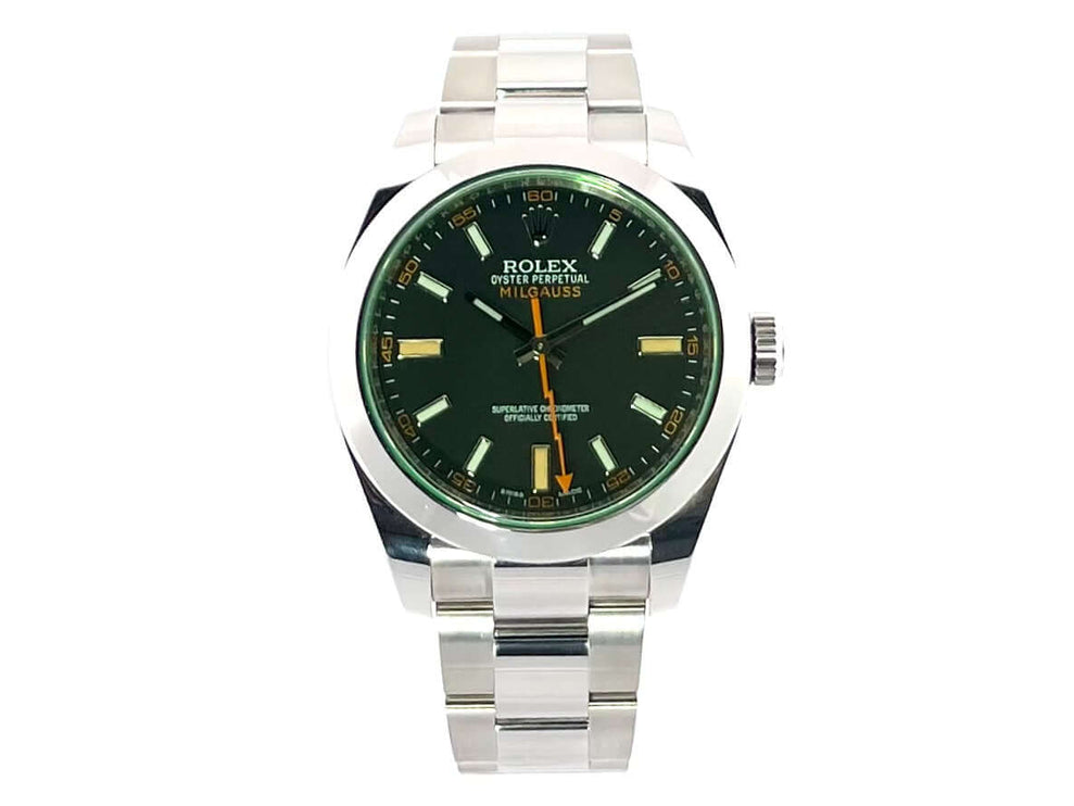 Rolex Oyster Perpetual Milgauss 116400GV mit poliertem Edelstahlgehäuse und grünem Zifferblatt, Automatikwerk, orangefarbene Sekundenzeiger in Blitz Optik