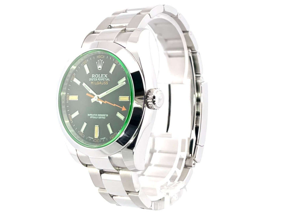 Rolex Oyster Perpetual Milgauss 116400GV aus Edelstahl, 40 mm Gehäuse, schwarzes Zifferblatt mit leuchtenden Indizes und orangefarbener Sekunde.