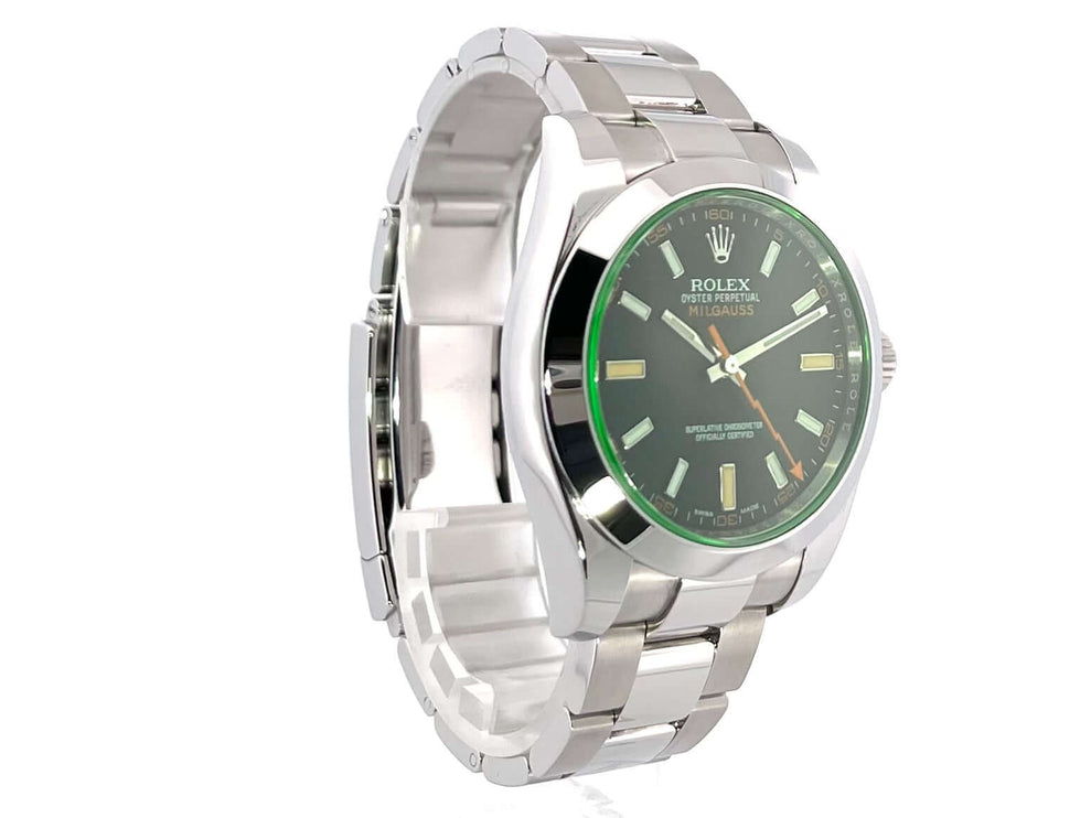 Rolex Oyster Perpetual Milgauss 116400GV 2021, Edelstahl, 40 mm Durchmesser, schwarzes Zifferblatt, Oyster Edelstahlband, orange Sekunde
