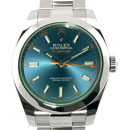 Rolex Oyster Perpetual Milgauss 116400GV, blaues Zifferblatt, Edelstahl-Gehäuse und -Armband, orangefarbene Sekunde in Blitz Optik