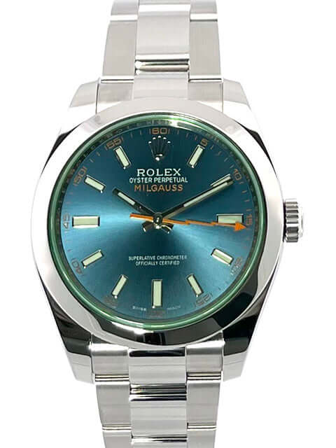 Rolex Oyster Perpetual Milgauss 116400GV, blaues Zifferblatt, Edelstahl-Gehäuse und -Armband, orangefarbene Sekunde in Blitz Optik