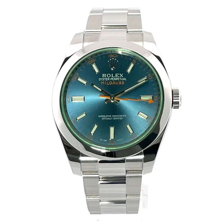 Rolex Oyster Perpetual Milgauss 116400GV Edelstahlgehäuse und blaues Zifferblatt, poliertes und satiniertes Oyster-Armband, orangefarbene Blitz-Sekunde.