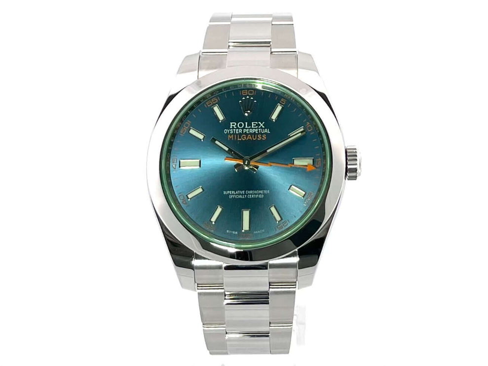Rolex Oyster Perpetual Milgauss 116400GV Edelstahlgehäuse und blaues Zifferblatt, poliertes und satiniertes Oyster-Armband, orangefarbene Blitz-Sekunde.
