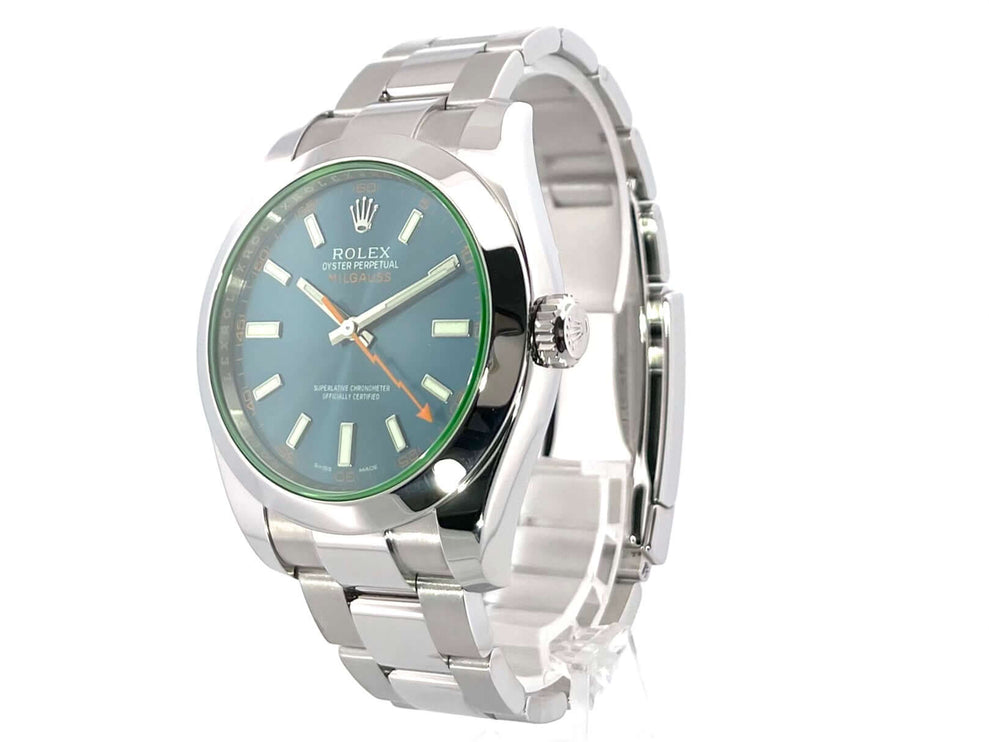 Rolex Oyster Perpetual Milgauss 116400GV Edelstahlgehäuse blaues Zifferblatt mit Leuchtindizes und Blitz Sekundenzeiger, 40mm, Automatikwerk