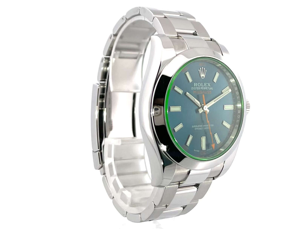 Rolex Oyster Perpetual Milgauss GV Blue Ref. 116400GV aus Edelstahl mit blauem Zifferblatt und Leuchtindizes, Jahr 2015