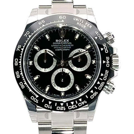 Rolex Daytona Edelstahl Ref. 116500LN, Schwarz Zifferblatt, Keramik Lünette, Edelstahl Armband, 2021 Mod, aus poliertem und satiniertem Edelstahl.