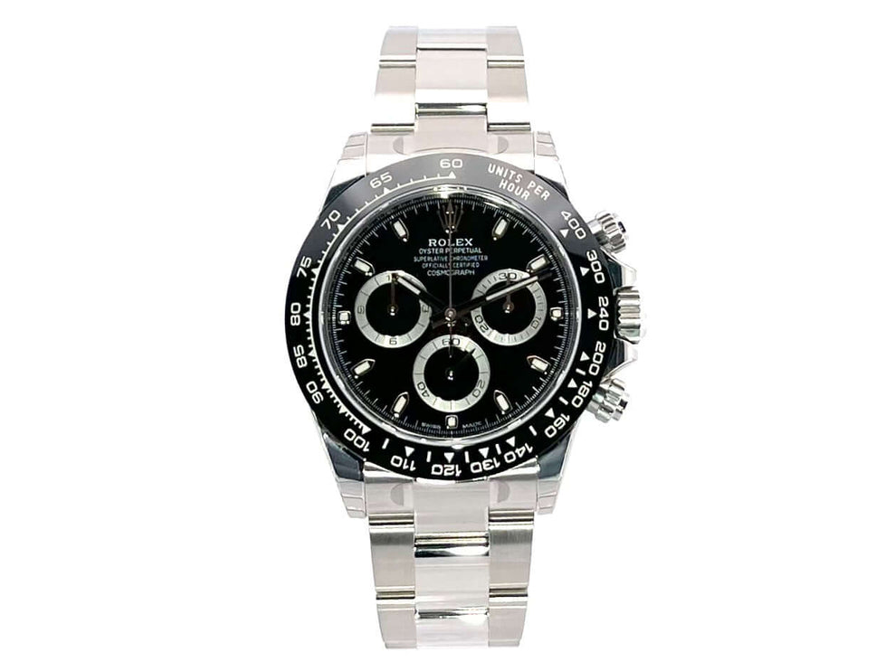 Rolex Daytona Edelstahl 116500LN schwarz Zifferblatt, Keramik Lünette, Edelstahlarmband, Tachymeterskala, und Leuchtindizes.