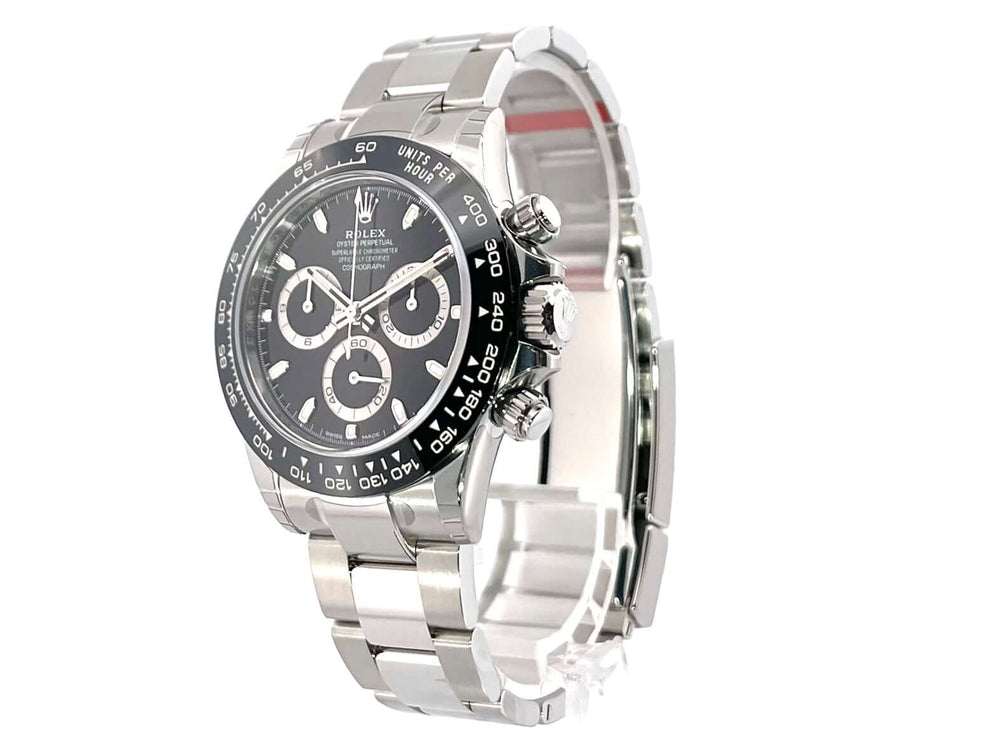 Rolex Daytona Edelstahl Ref. 116500LN mit schwarzem Zifferblatt, Keramiklünette, Edelstahlgehäuse und Oysterarmband