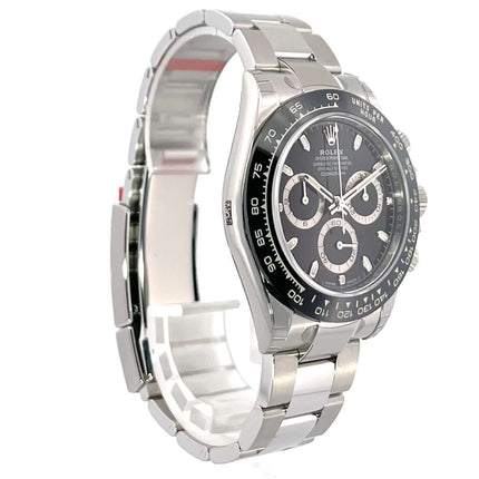 Rolex Daytona Edelstahl 116500LN Schwarz aus 2021, poliertes und satiniertes Edelstahlgehäuse, Keramik Lünette, Oyster Armband, Leuchtzifferblatt.