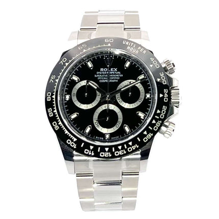 Rolex Daytona Edelstahl 116500LN mit schwarzem Zifferblatt und Oyster Armband, Keramik Lünette, poliertes und satiniertes Gehäuse