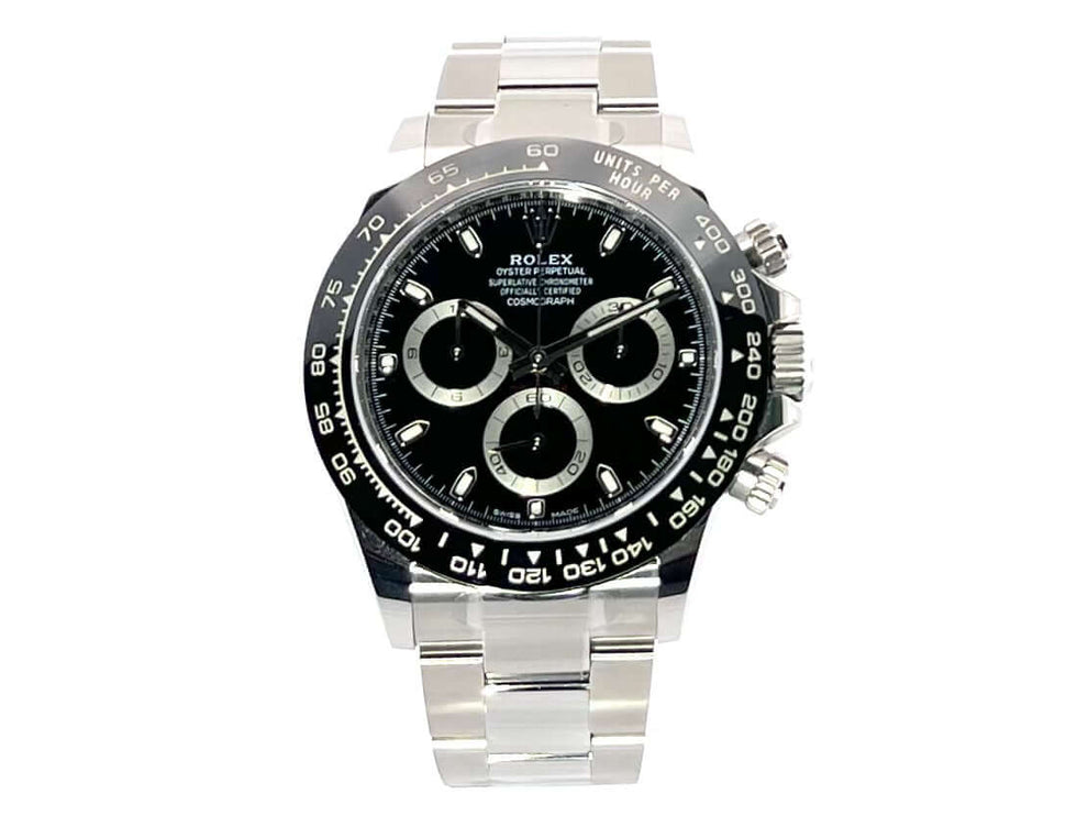 Rolex Daytona Edelstahl 116500LN mit schwarzem Zifferblatt und Oyster Armband, Keramik Lünette, poliertes und satiniertes Gehäuse
