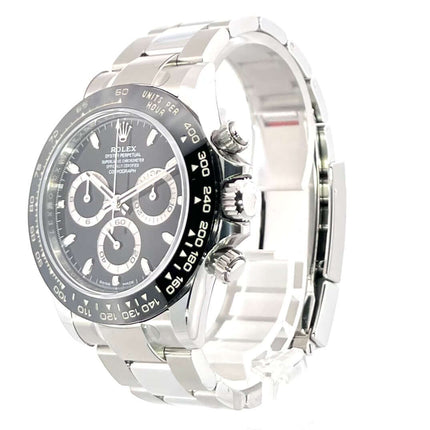 Rolex Daytona Edelstahl 116500LN Schwarz, poliertes und satiniertes Edelstahlgehäuse, Keramiklünette, Oyster-Armband und schwarzes Zifferblatt.