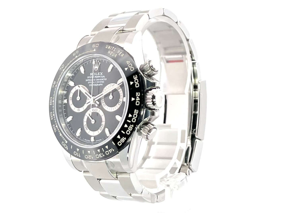 Rolex Daytona Edelstahl 116500LN Schwarz, poliertes und satiniertes Edelstahlgehäuse, Keramiklünette, Oyster-Armband und schwarzes Zifferblatt.