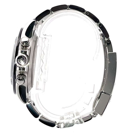 Seitenansicht der Rolex Daytona Edelstahl Ref. 116500LN mit poliertem und satiniertem Edelstahlgehäuse und Keramiklünette.