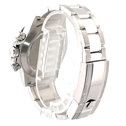 Rückseite der Rolex Daytona Edelstahl 116500LN mit poliertem und satiniertem Edelstahlarmband, Sicherheitsfaltschließe und Gehäuse verschraubt