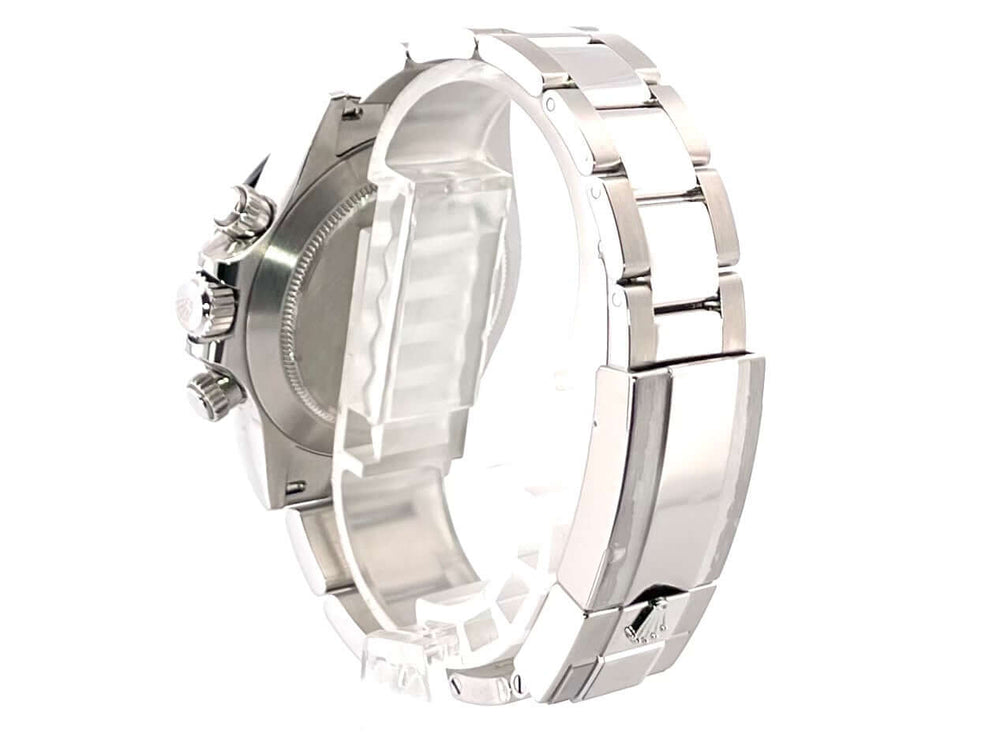 Rückseite der Rolex Daytona Edelstahl 116500LN mit poliertem und satiniertem Edelstahlarmband, Sicherheitsfaltschließe und Gehäuse verschraubt