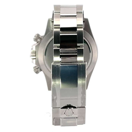 Rückansicht der Rolex Daytona Edelstahl 116500LN Schwarz, poliertes und satiniertes Edelstahlgehäuse mit Sicherheitsfaltschließe am Oyster Edelstahlarmband