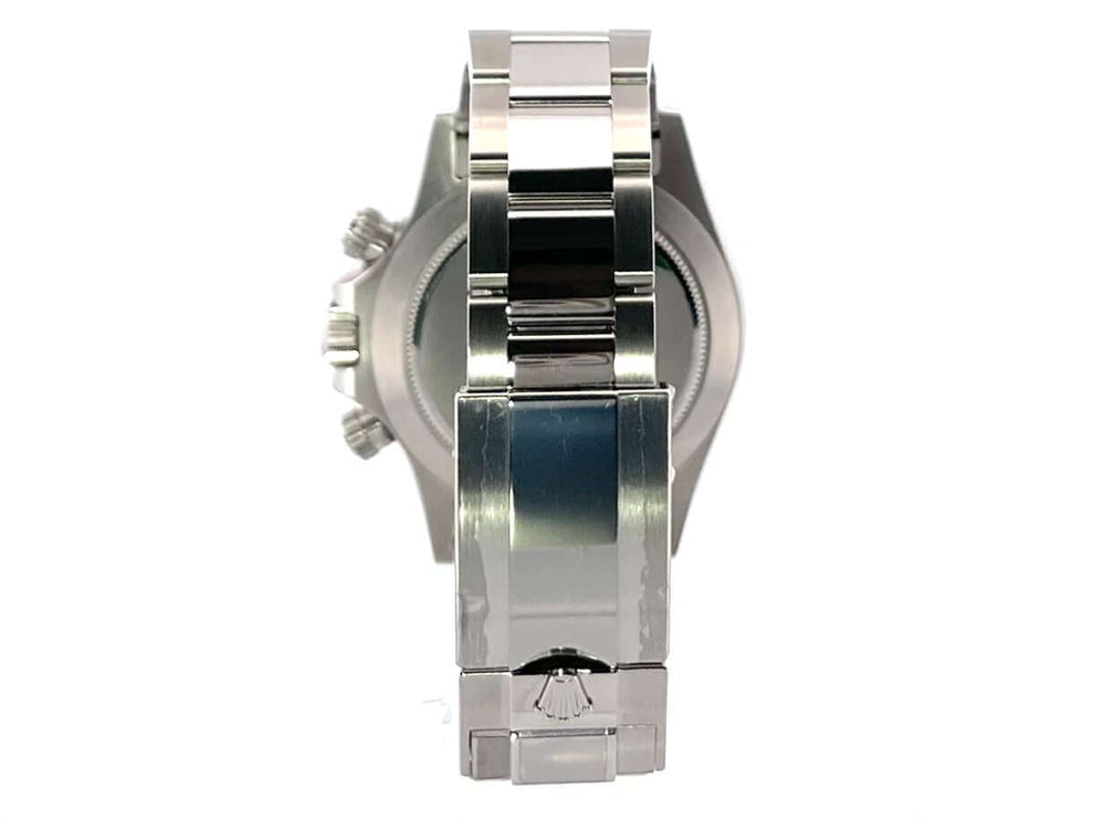 Rückansicht der Rolex Daytona Edelstahl 116500LN Schwarz, poliertes und satiniertes Edelstahlgehäuse mit Sicherheitsfaltschließe am Oyster Edelstahlarmband