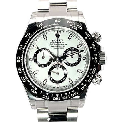 Rolex Daytona Edelstahl 116500LN, weißes Zifferblatt, poliertes und satiniertes Edelstahlgehäuse, Keramik Lünette, Oyster Armband, Chronometer.