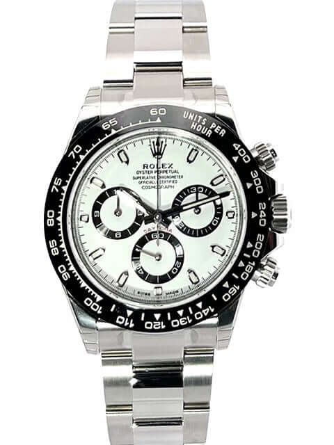 Rolex Daytona Edelstahl 116500LN, weißes Zifferblatt, poliertes und satiniertes Edelstahlgehäuse, Keramik Lünette, Oyster Armband, Chronometer.