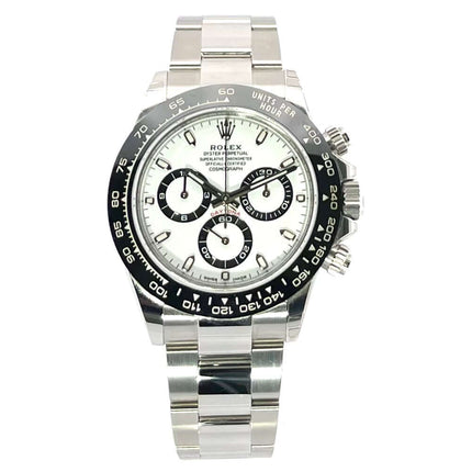 Luxus Rolex Daytona Edelstahl 116500LN, weißes Zifferblatt, Keramik Lünette, Edelstahl Armband, Leuchtzeiger und verschraubte Krone, Modell 2020.