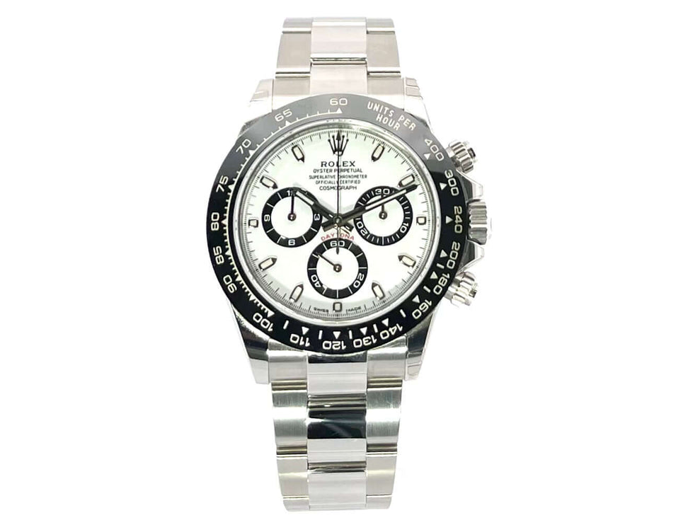 Luxus Rolex Daytona Edelstahl 116500LN, weißes Zifferblatt, Keramik Lünette, Edelstahl Armband, Leuchtzeiger und verschraubte Krone, Modell 2020.