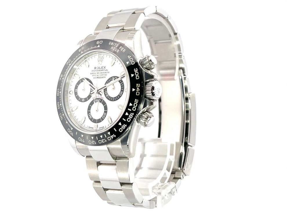 Rolex Daytona Edelstahl 116500LN mit weißem Zifferblatt, poliertem Edelstahlgehäuse und Oyster-Armband, Keramik-Lünette
