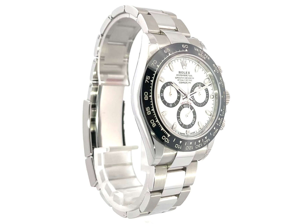 Rolex Daytona Edelstahl 116500LN mit weißem Zifferblatt und Keramiklünette, poliertes und satiniertes Edelstahlgehäuse und Oyster-Armband