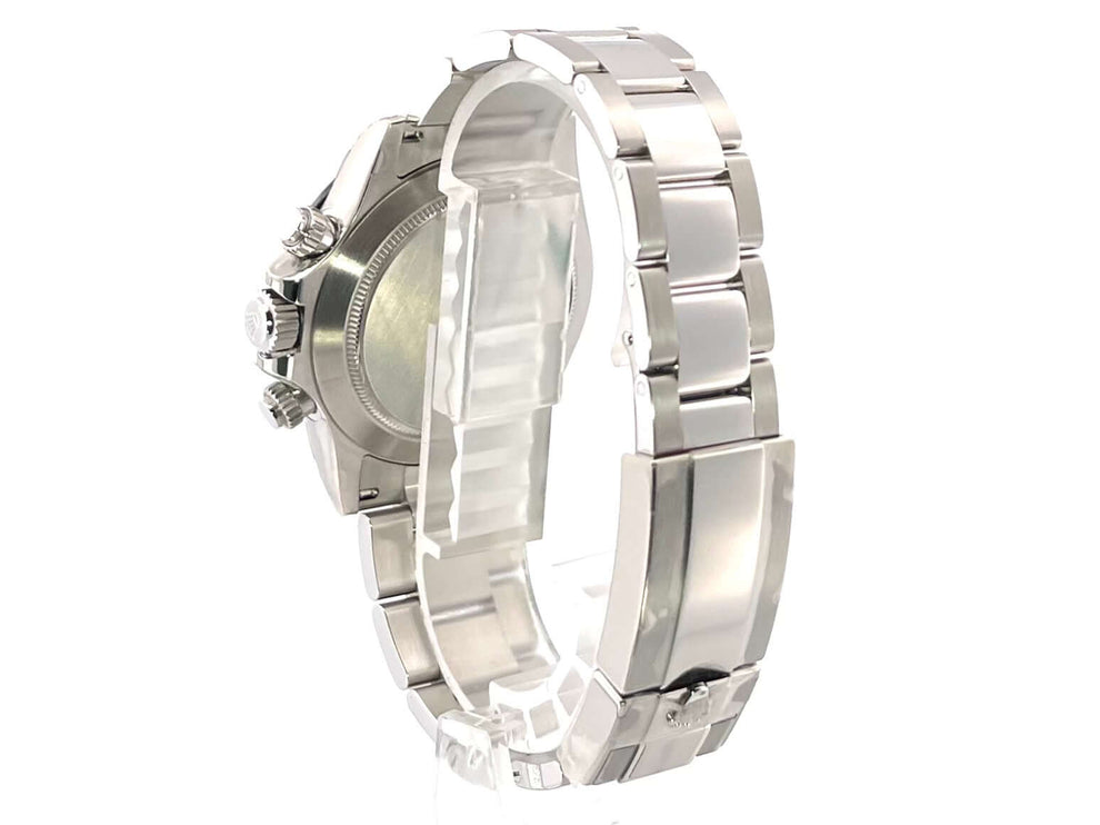 Rückseite der Rolex Daytona Edelstahl 116500LN Weiß verklebt mit Oyster Edelstahl Armband und verschraubter Krone