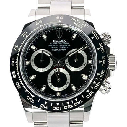 Rolex Daytona Edelstahl 116500LN Schwarz aus 2020, poliertes und satiniertes Gehäuse, Keramik-Lünette, Oyster-Armband, schwarzes Zifferblatt.