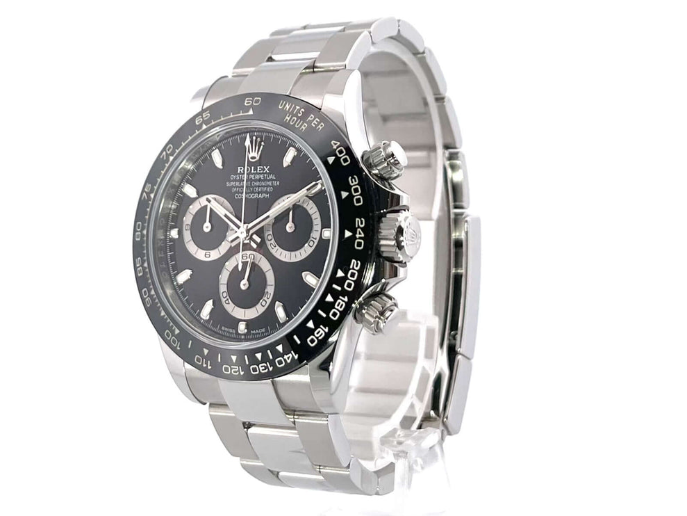 Edelstahl Rolex Daytona 116500LN von 2020 mit schwarzem Zifferblatt, poliertem und satiniertem Oyster-Armband, und Tachymeterskala auf Keramik Lünette.