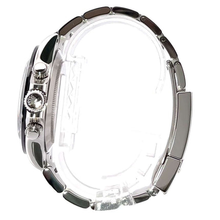 Rolex Daytona Edelstahl 116500LN, seitliche Ansicht, poliertes und satiniertes Edelstahl-Gehäuse und Armband, TachymeterskalaKeramik Lünette