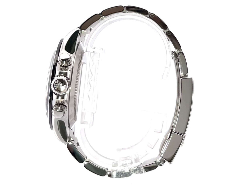 Rolex Daytona Edelstahl 116500LN, seitliche Ansicht, poliertes und satiniertes Edelstahl-Gehäuse und Armband, TachymeterskalaKeramik Lünette