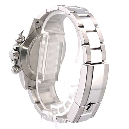 Rückansicht der Rolex Daytona Edelstahl 116500LN Schwarz mit poliertem und satiniertem Edelstahlgehäuse und Oyster-Armband.