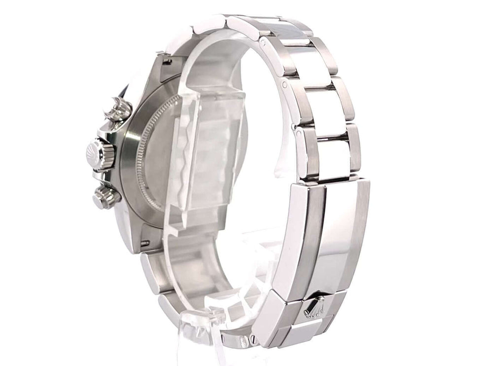 Rückansicht der Rolex Daytona Edelstahl 116500LN Schwarz mit poliertem und satiniertem Edelstahlgehäuse und Oyster-Armband.